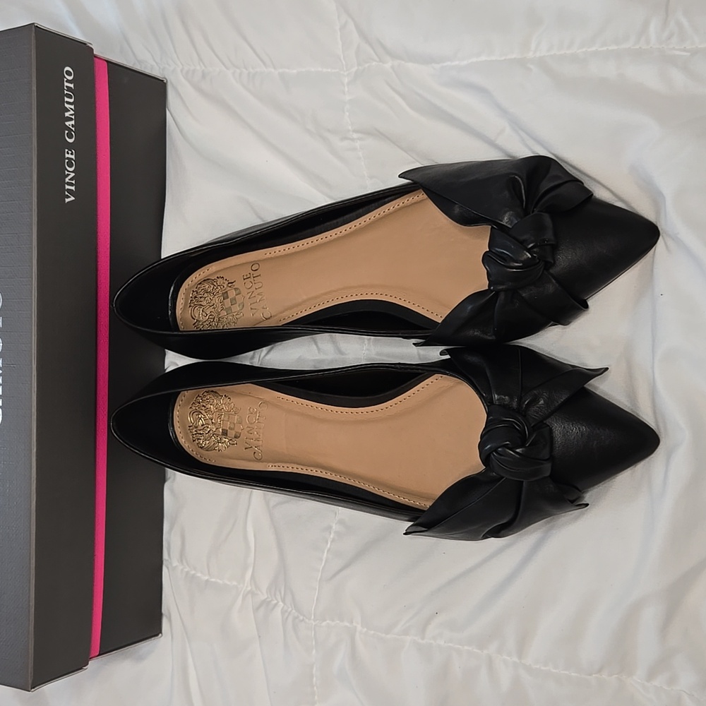 🍉 Vince Camuto Bowmel Leather Black Bow Flats Size 8